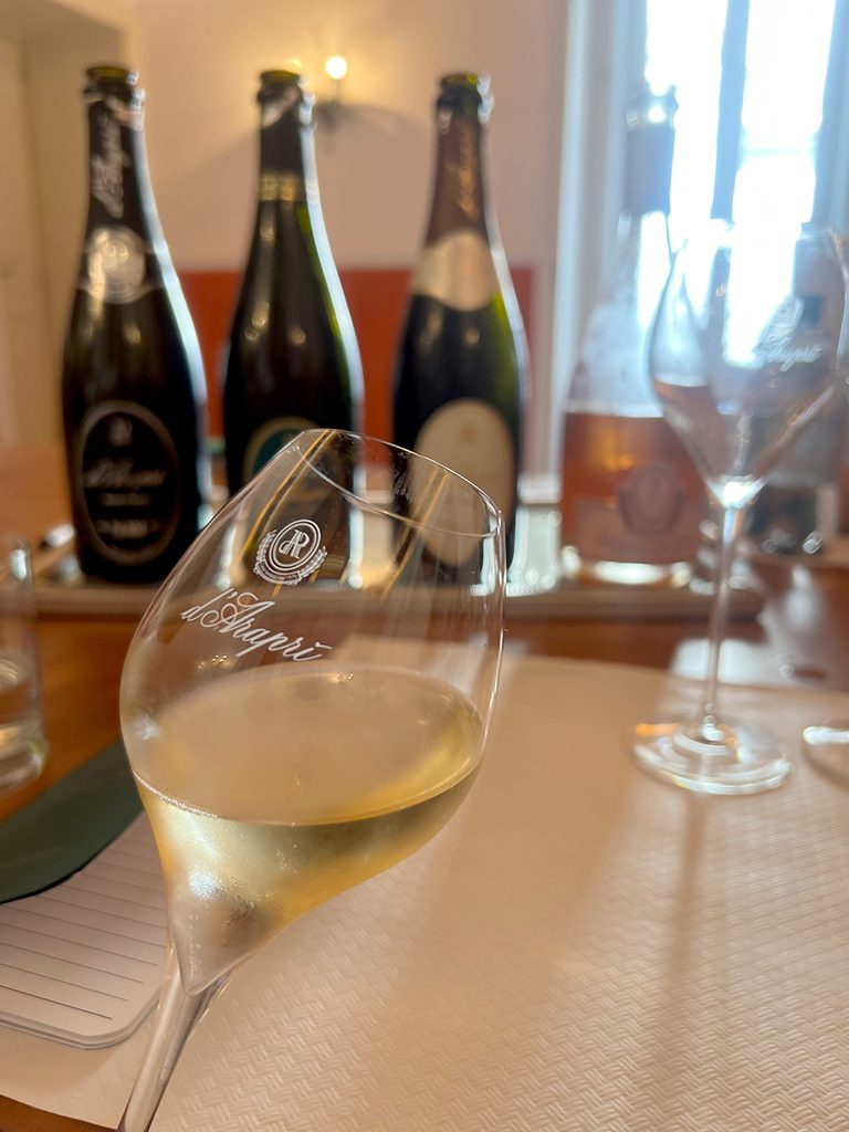 Putojančių vynų buteliai degustacijos salėje